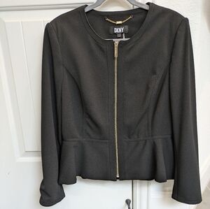 Black DKNY Peplum Blazer, Collarless Neck, Gold Zipper, Women's Size 14